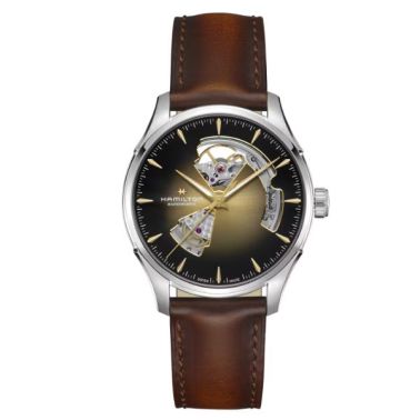 Hamilton Jazzmaster Open Heart Auto watch with gold dial and brown leather strap, 40 mm