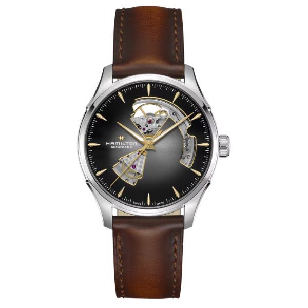 Hamilton Jazzmaster Open Heart Auto watch with silver dial and brown leather strap, 40 mm