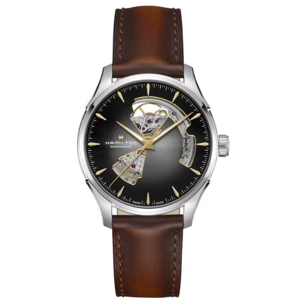 Hamilton Jazzmaster Open Heart Auto watch with silver dial and brown leather strap, 40 mm