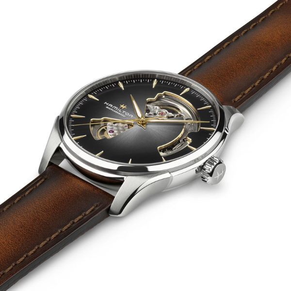Hamilton Jazzmaster Open Heart Auto watch with silver dial and brown leather strap, 40 mm