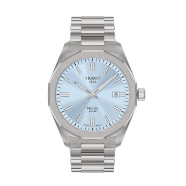 Montre Tissot T-Classic PRC 100 Solar quartz solaire cadran bleu glacier bracelet acier 39 mm