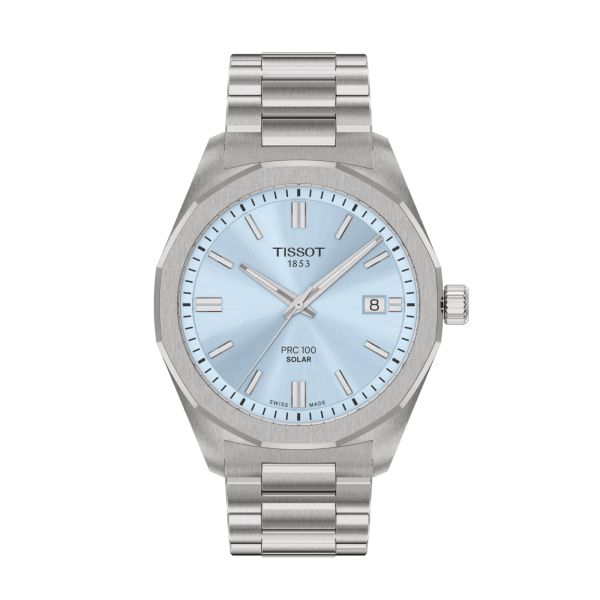 Montre Tissot T-Classic PRC 100 Solar quartz solaire cadran bleu glacier bracelet acier 39 mm