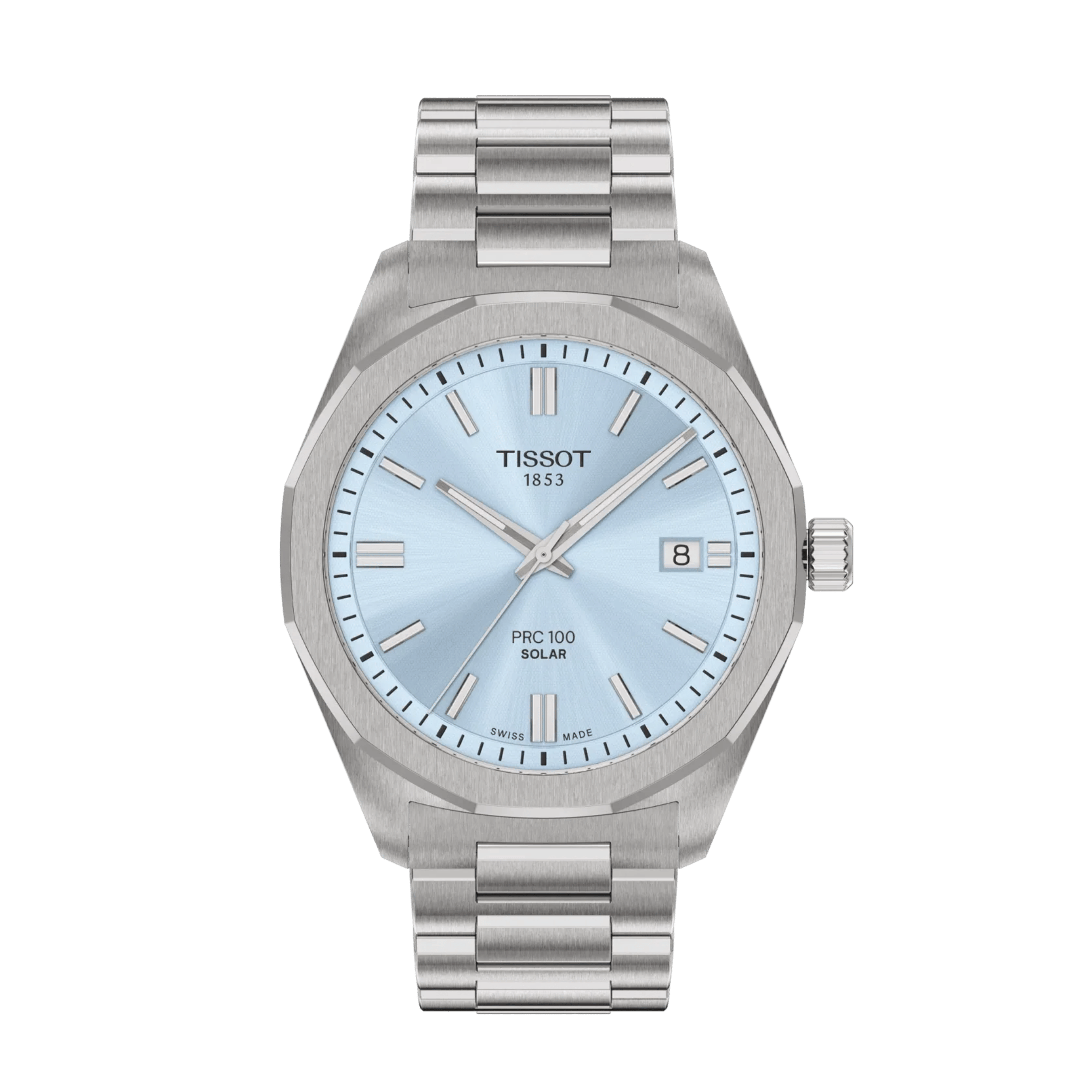 Montre Tissot T-Classic PRC 100 Solar quartz solaire cadran bleu glacier bracelet acier 39 mm