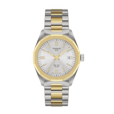 Montre Tissot T-Classic PRC 100 Solar quartz solaire bicolore PVD Or Jaune cadran argenté bracelet acier 34 mm