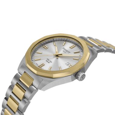 Montre Tissot T-Classic PRC 100 Solar quartz solaire biocolore PVD Or Jaune cadran argent braceleté acier 39 mm