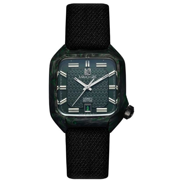 March LA.B AM2 Automatic Nyctalope watch Ed Limited in carbon with green and black jacquard straps, 38 mm
