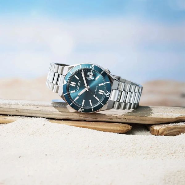Citizen Tsuyosa Shore automatic watch with turquoise dial and steel bracelet, 40 m
