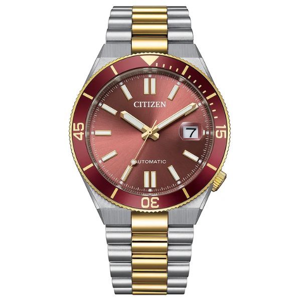 Citizen Tsuyosa Shore automatic watch with red dial, steel and gold bracelet, 40 m
