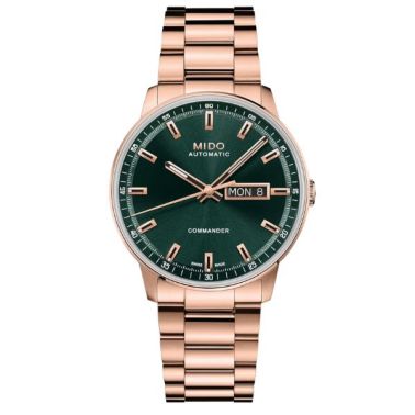 Montre Mido Commander Datoday automatique cadran vert bleu bracelet acier PVD or rose 40 mm