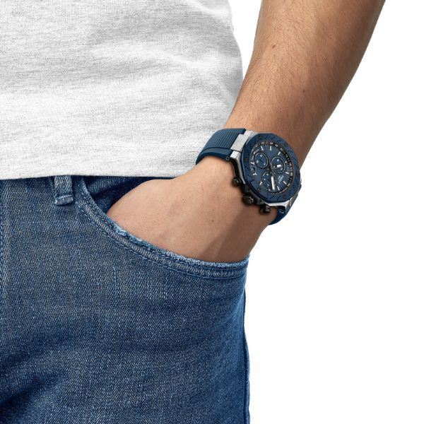 Tissot T-Sport T-Race Chronograph quartz watch blue dial blue rubber strap 45 mm