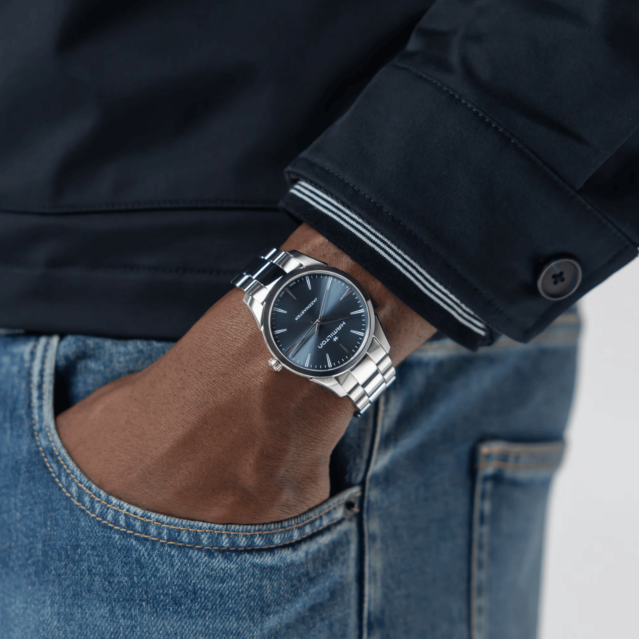 Hamilton Jazzmaster quartz blue dial steel bracelet 40 mm