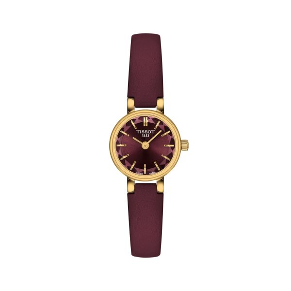 Tissot Lovely Round PVD yellow gold burgundy dial leather strap quartz 19.5 mm