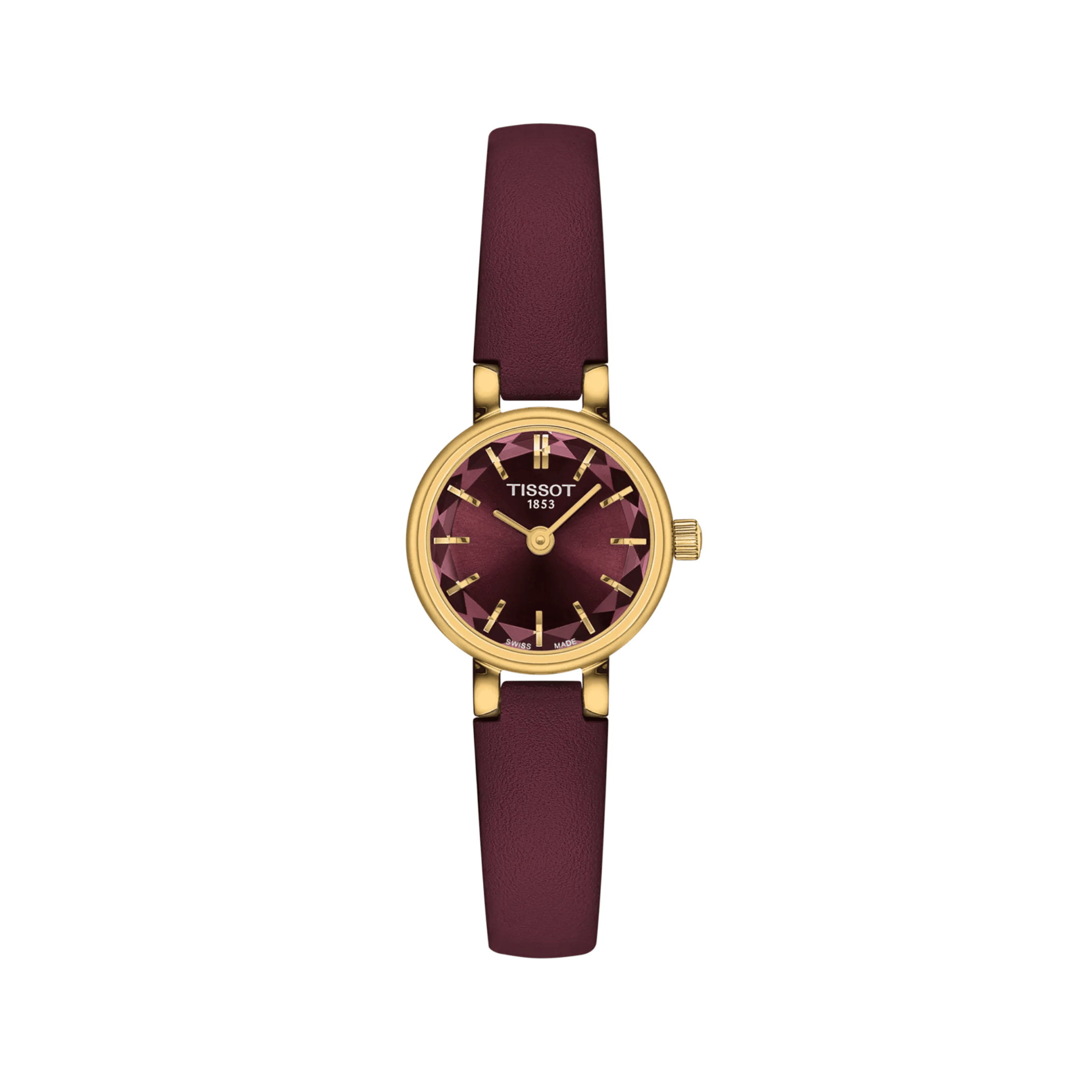 Tissot Lovely Round PVD yellow gold burgundy dial leather strap quartz 19.5 mm