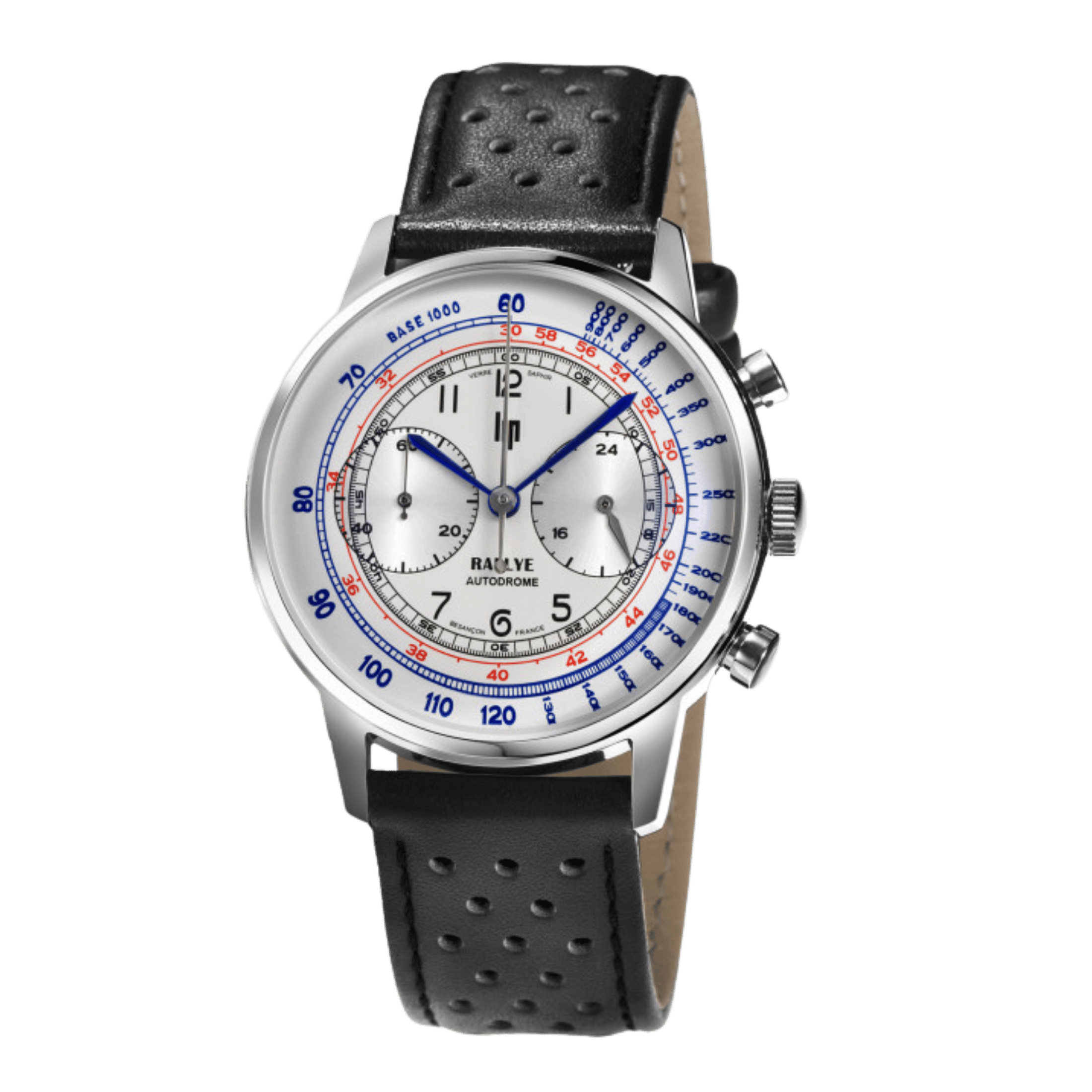 Montre Lip Rallye Chrono "Autodrome" méca-quartz cadran argenté bracelet cuir 40 mm