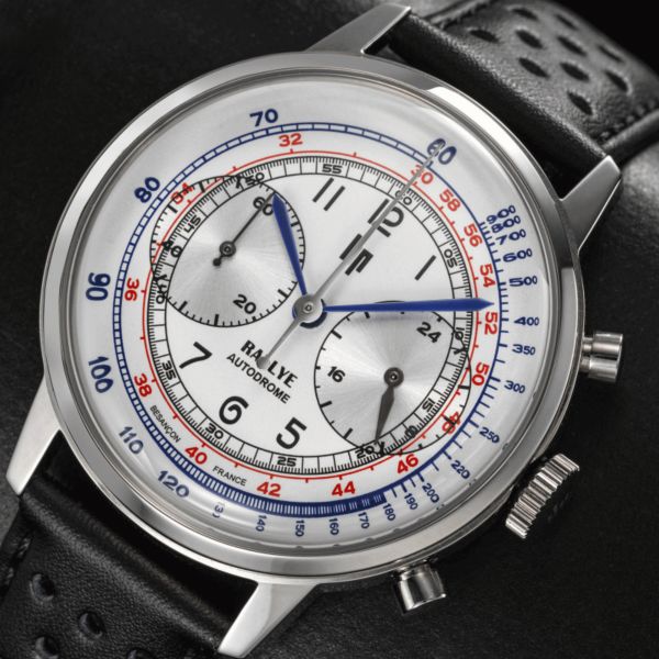 Montre Lip Rallye Chrono "Autodrome" méca-quartz cadran argenté bracelet cuir 40 mm