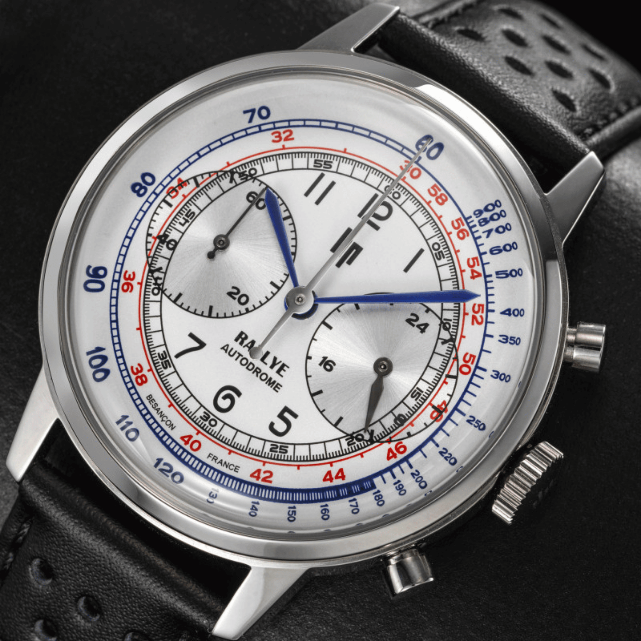 Montre Lip Rallye Chrono "Autodrome" méca-quartz cadran argenté bracelet cuir 40 mm