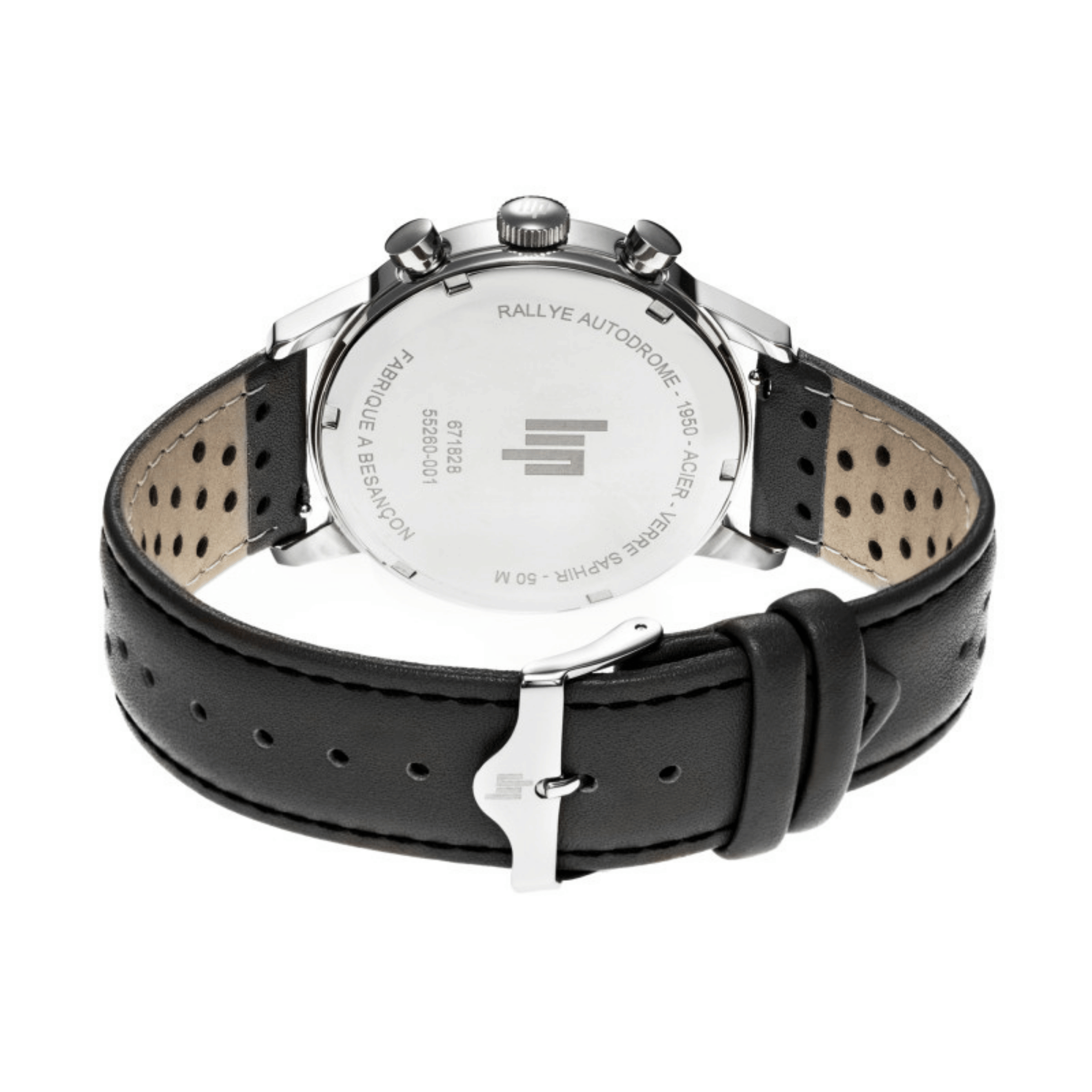 Montre Lip Rallye Chrono "Autodrome" méca-quartz cadran argenté bracelet cuir 40 mm