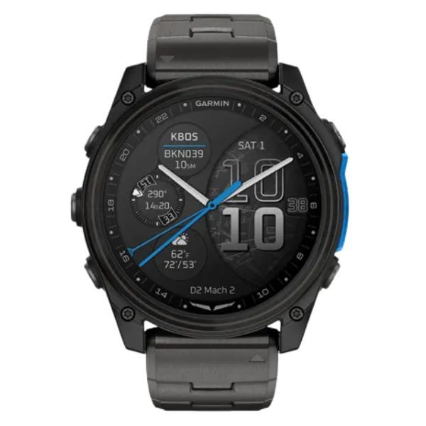 Garmin D2 Mach 2 AMOLED Titanium Carbon Gray DLC watch with titanium bracelet, 51 mm