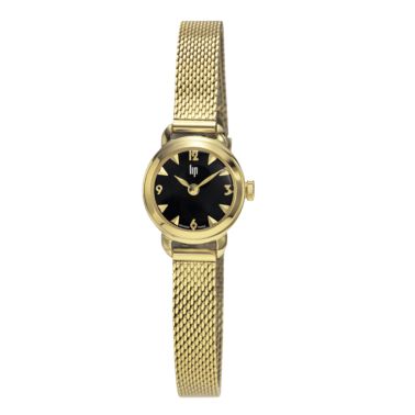 Montre Lip Henriette Classique PVD Or Jaune quartz cadran noir bracelet maille milanaise dorée 18,5 mm