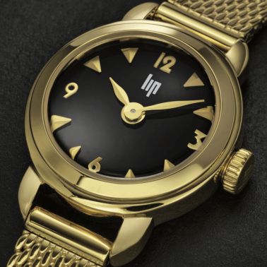 Montre Lip Henriette Classique PVD Or Jaune quartz cadran noir bracelet maille milanaise dorée 18,5 mm