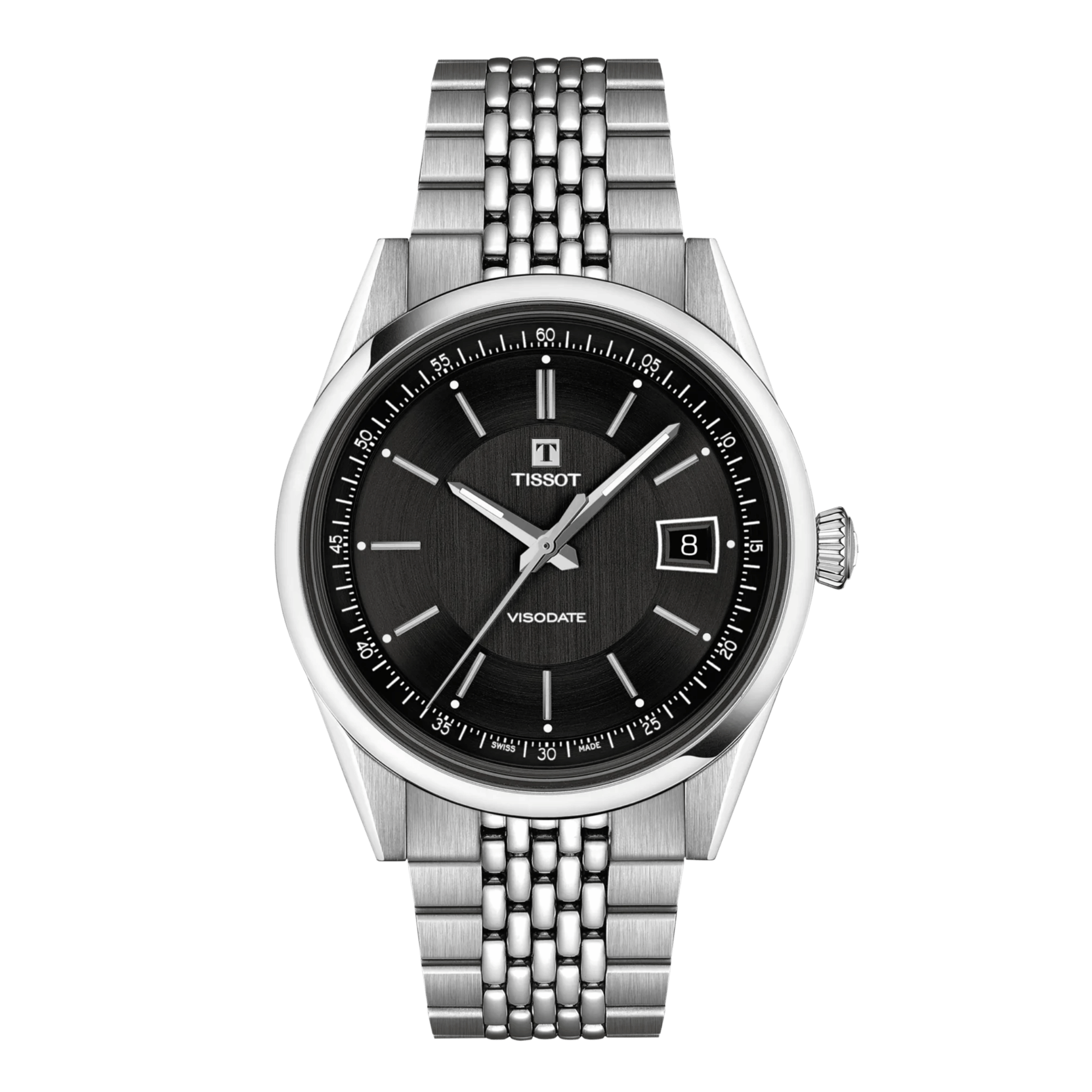 Tissot Visodate Powermatic 80 black dial steel bracelet 39 mm