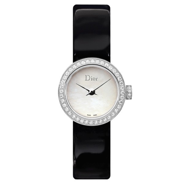 Montre Mini D de Dior cadran nacre blanche bracelet cuir verni noir 19 mm