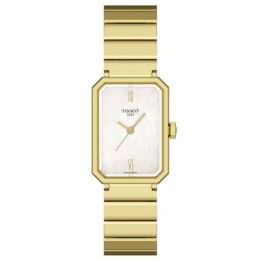 Montre Tissot SRV quartz cadran nacre blanche bracelet or jaune 30 x 21,8 mm