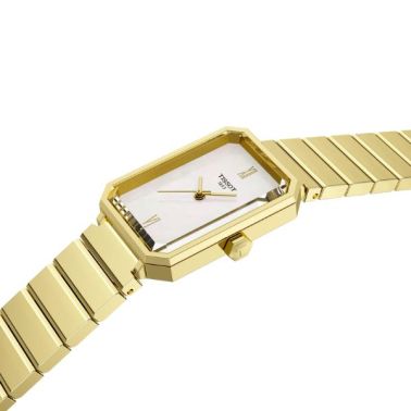 Montre Tissot SRV quartz cadran nacre blanche bracelet or jaune 30 x 21,8 mm
