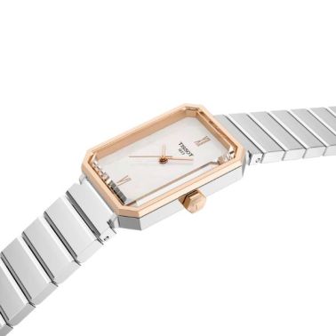 Montre Tissot SRV quartz cadran nacre blanche bracelet acier et PVD or rose 30 x 21,8 mm