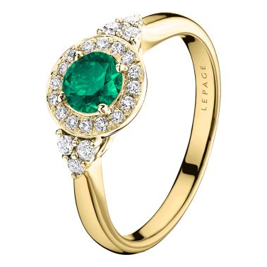 Lepage Pompadour engagement ring in yellow gold, emerald and diamonds