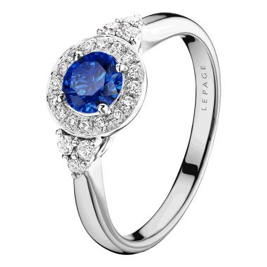 Lepage Pompadour engagement ring in white gold, sapphire and diamonds