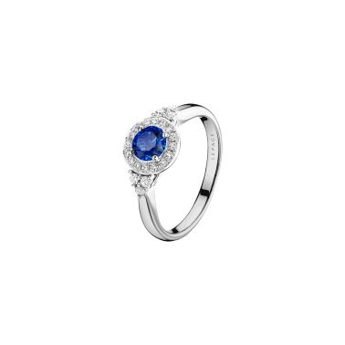 Lepage Pompadour engagement ring in white gold, sapphire and diamonds