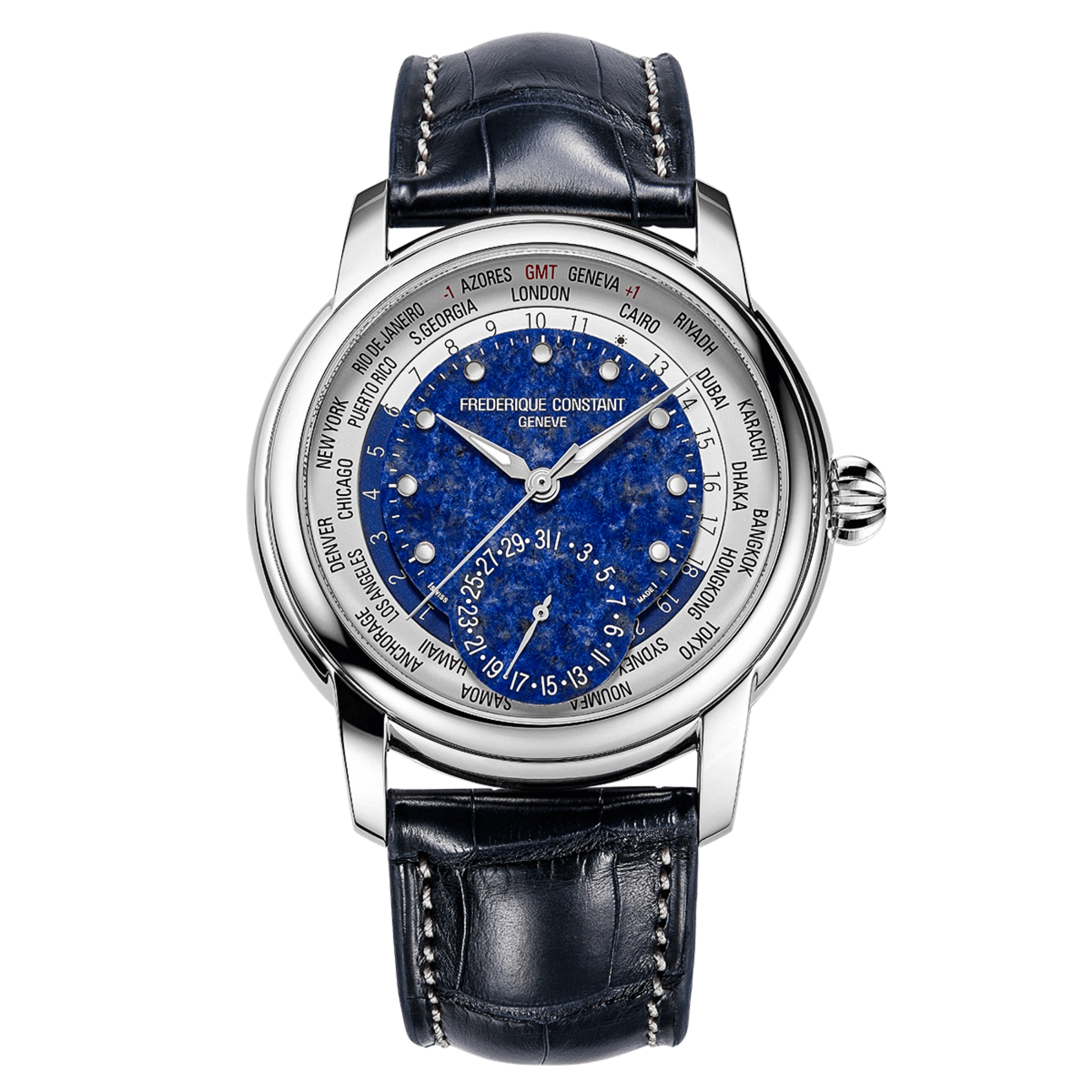 Montre Frédérique Constant Classics Worldtimer Manufacture Automatique cadran Lapis-Lazuli bracelet cuir 42 mm