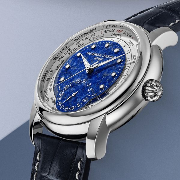 Montre Frédérique Constant Classics Worldtimer Manufacture Automatique cadran Lapis-Lazuli bracelet cuir 42 mm