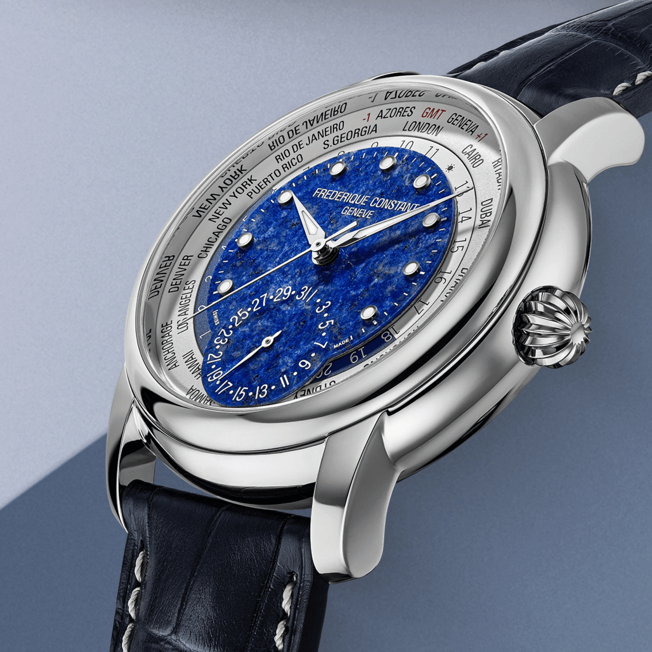 Montre Frédérique Constant Classics Worldtimer Manufacture Automatique cadran Lapis-Lazuli bracelet cuir 42 mm