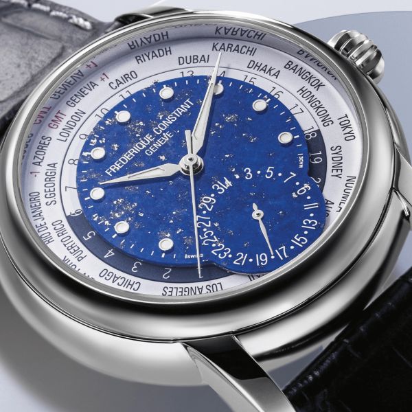 Montre Frédérique Constant Classics Worldtimer Manufacture Automatique cadran Lapis-Lazuli bracelet cuir 42 mm