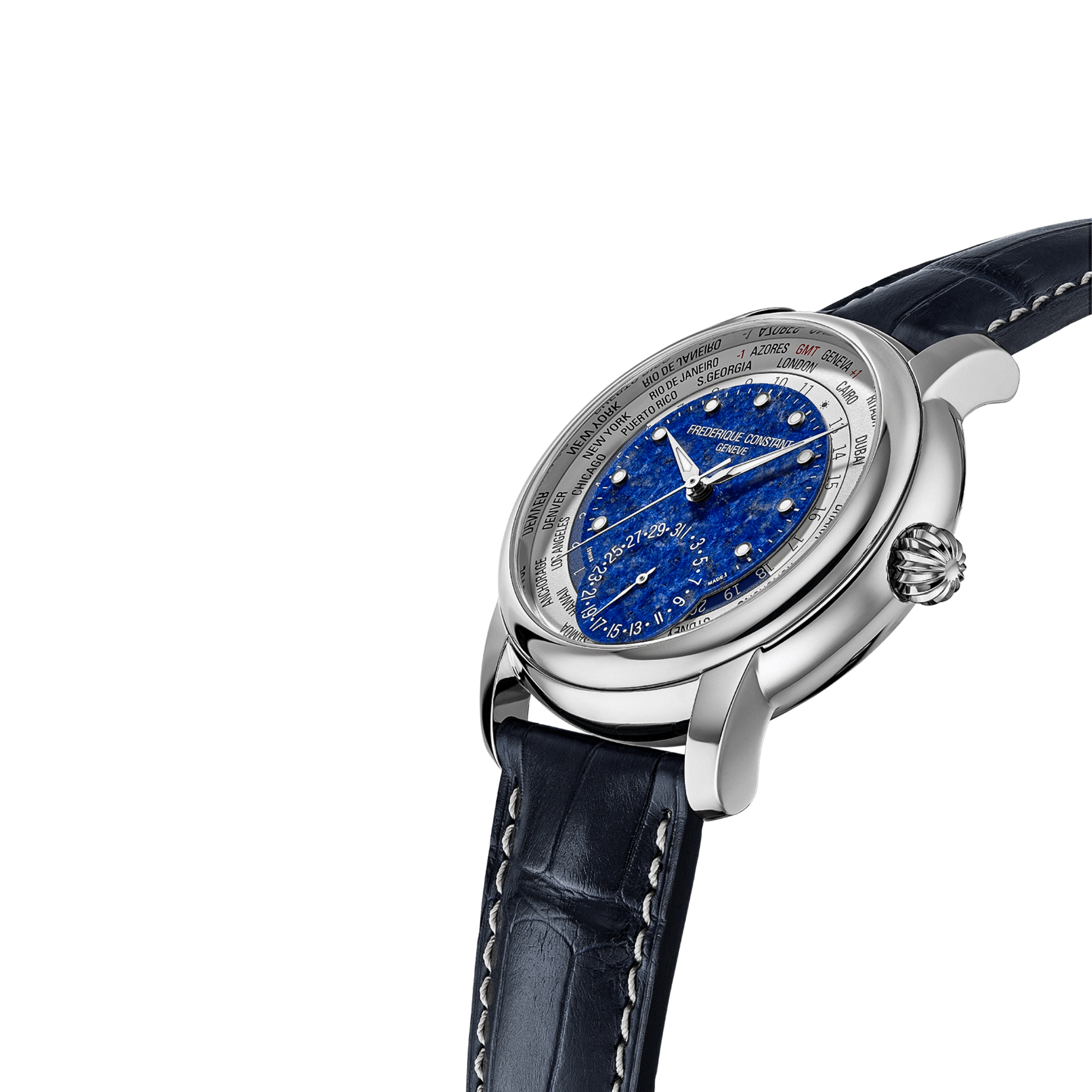 Montre Frédérique Constant Classics Worldtimer Manufacture Automatique cadran Lapis-Lazuli bracelet cuir 42 mm