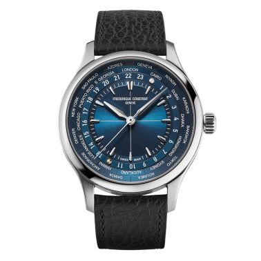 Montre Frédérique Constant x Watch Angels Classics Worldtimer automatique cadran bleu bracelet cuir 40 mm
