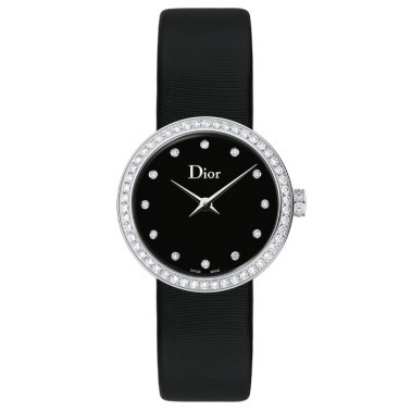 Montre D de Dior cadran noir serti bracelet satin noir 25 mm