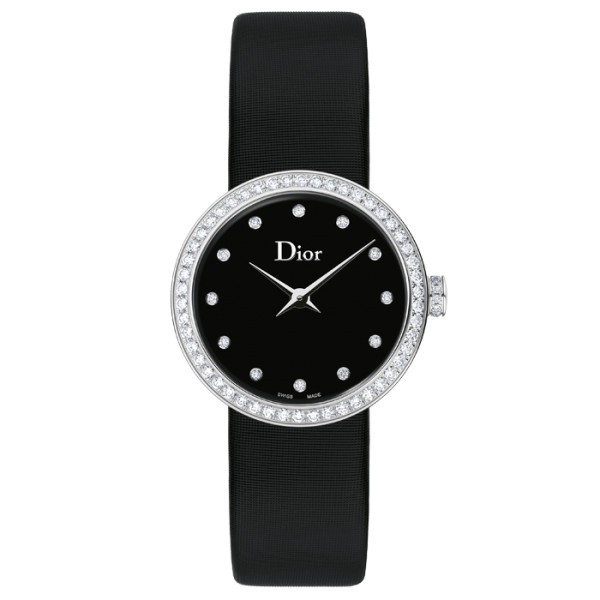 Montre D de Dior cadran noir serti bracelet satin noir 25 mm