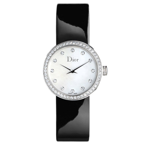 Montre D de Dior cadran nacre blanche bracelet veau verni noir 25 mm
