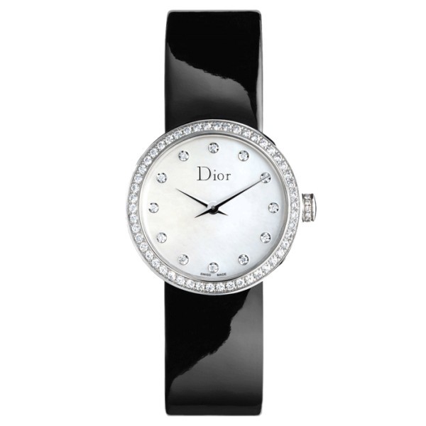 Montre D de Dior cadran nacre blanche bracelet veau verni noir 25 mm