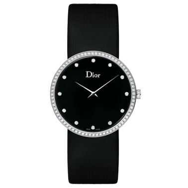 Montre D de Dior cadran noir lunette sertie bracelet satin noir 38 mm