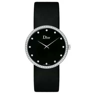 Montre D de Dior cadran noir lunette sertie bracelet satin noir 38 mm