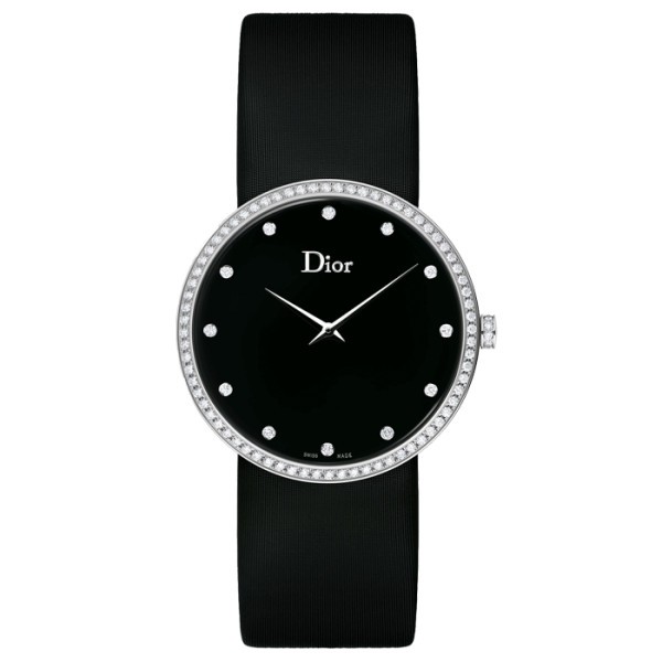 Montre D de Dior cadran noir lunette sertie bracelet satin noir 38 mm