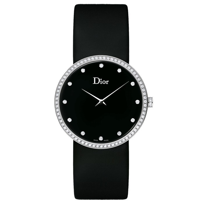 Montre D de Dior cadran noir lunette sertie bracelet satin noir 38 mm
