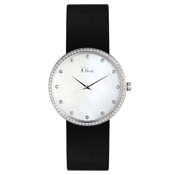 Montre D de Dior cadran nacre lunette sertie bracelet satin noir 38 mm