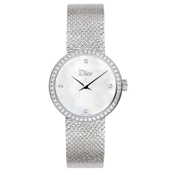 Montre D de Dior Satine cadran nacre blanche lunette sertie bracelet acier 25 mm