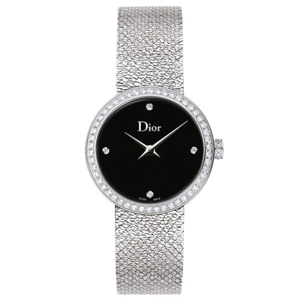 Montre D de Dior Satine cadran noir lunette sertie bracelet acier 25 mm