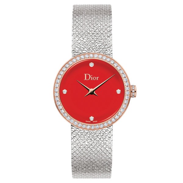 Montre D de Dior Satine cadran laqué rouge index diamants 25 mm